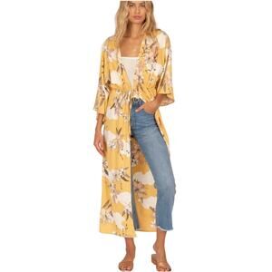AMUSE SOCIETY Kimono Floral Ginger Womens S Yellow Tie Front Maxi Duster Boho